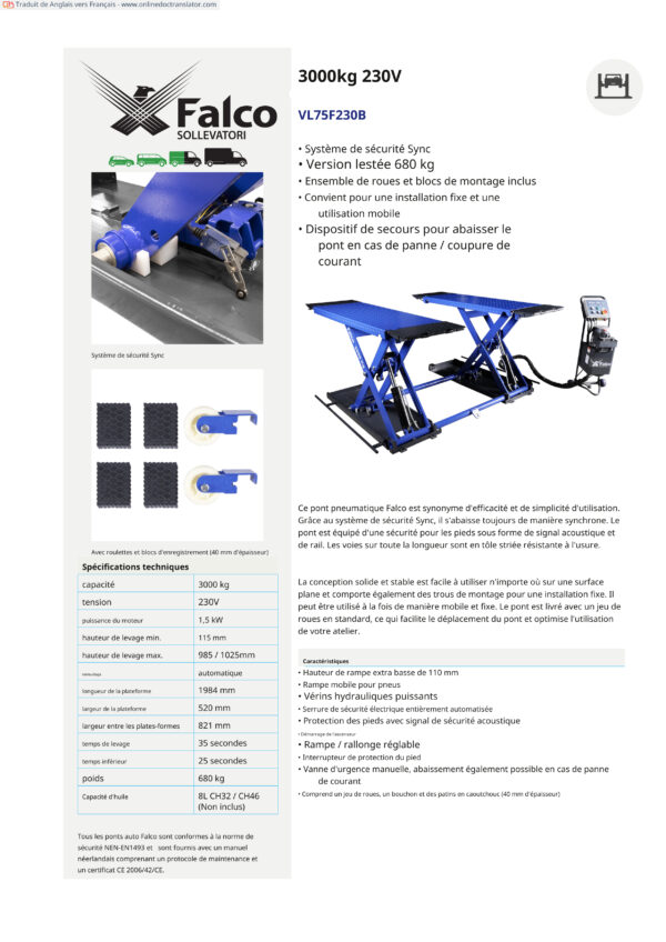 Pont élévateur Ciseaux mobile 3000 kg 230V avec déverrouillage automatique FALCO VL75F230B – Image 9