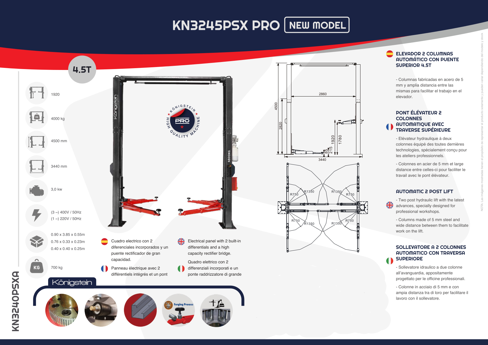 PONT ÉLÉVATEUR 2 COLONNES SANS EMBASE- AUTOMATIQUE AVEC TRAVERSE SUPÉRIEURE 4.5T - Königstein KN3245PSXPRO – Image 4