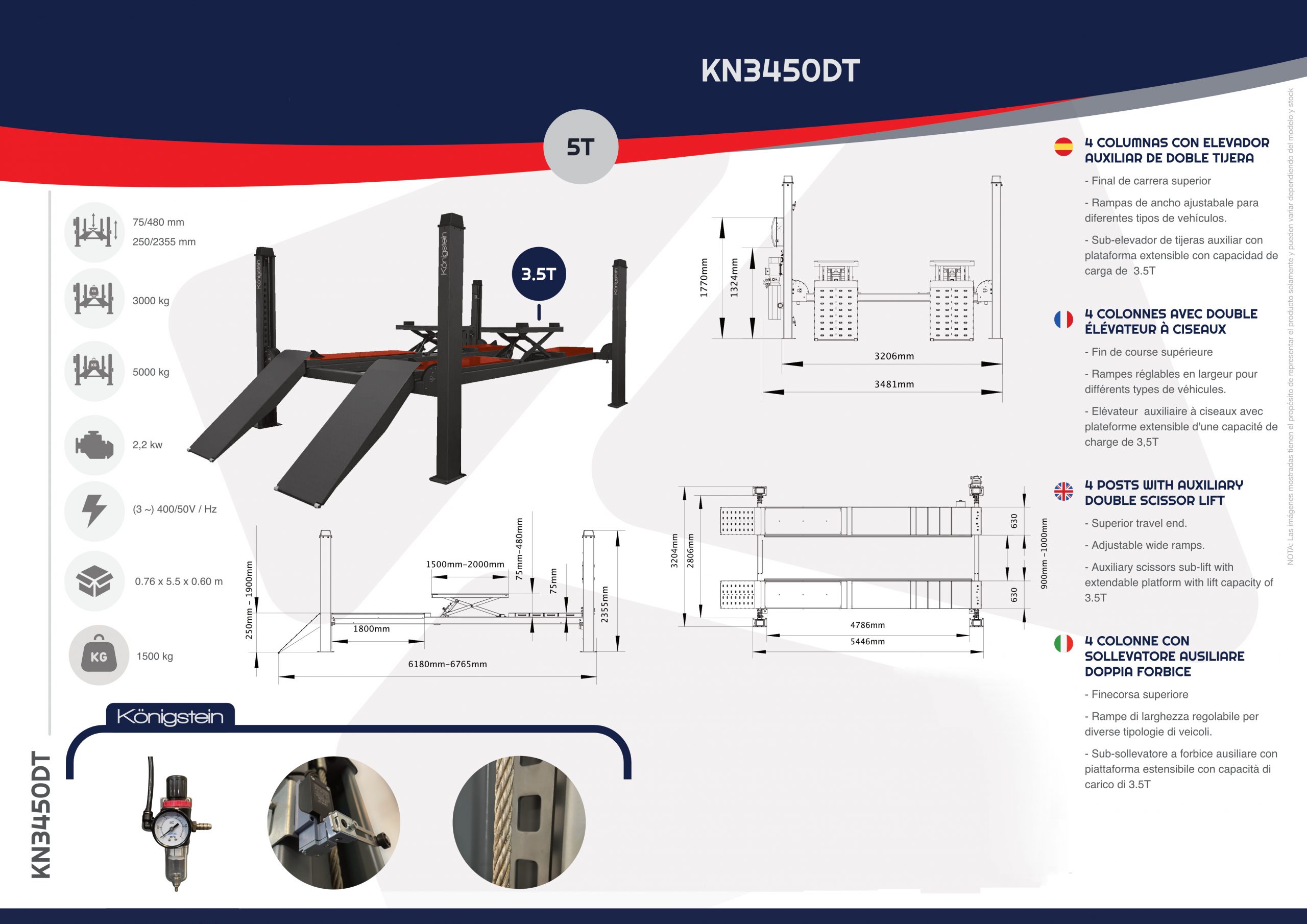 4 colonnes 5 Tonnes avec double élévateur à ciseaux - Königstein KN3450DT – Image 4