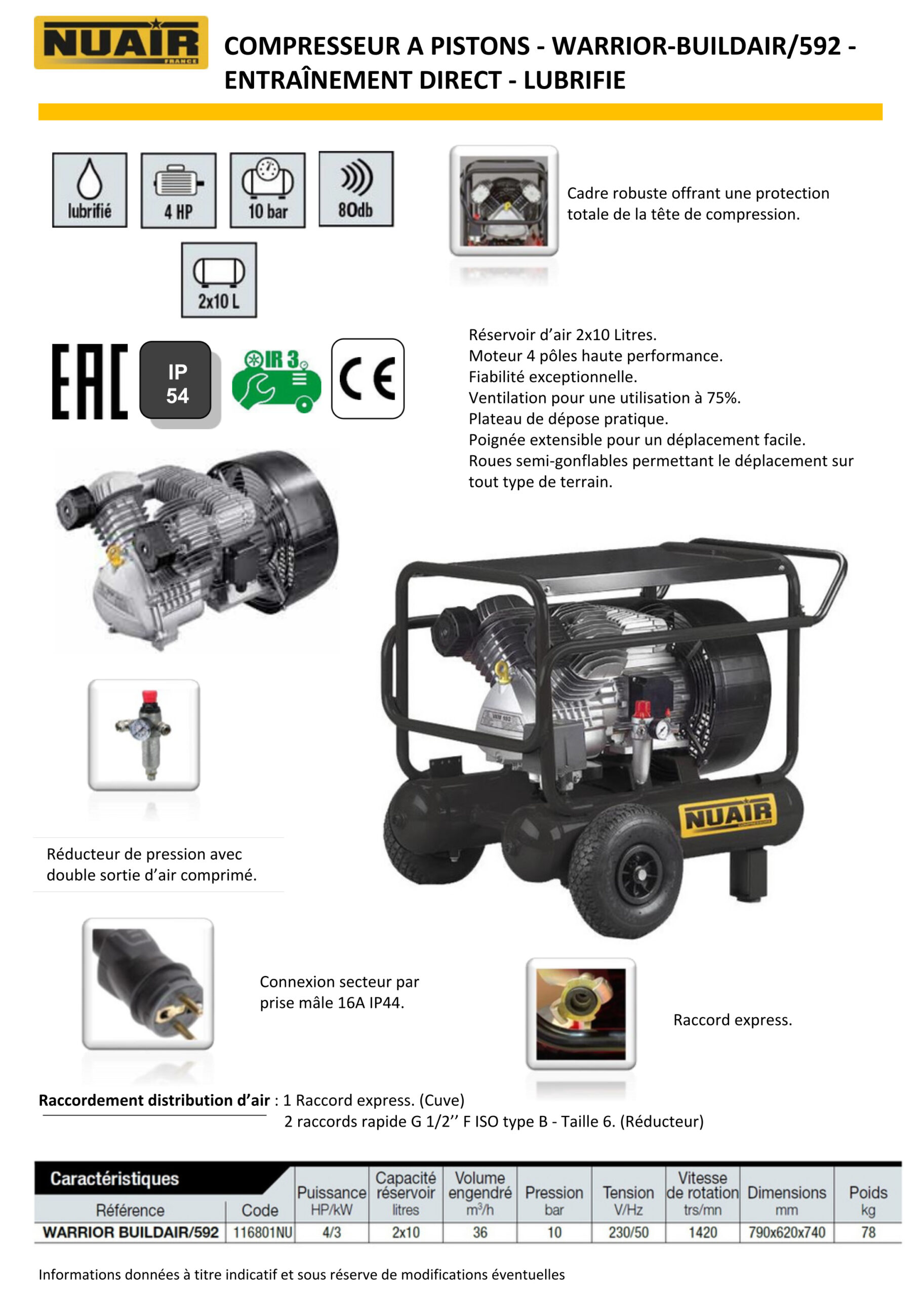 WARRIOR BUILDAIR - Compresseur à piston lubrifié 4 CV - 230 V - 2x10 litres - Travaux de projection et nettoyages de véhicules – Image 3