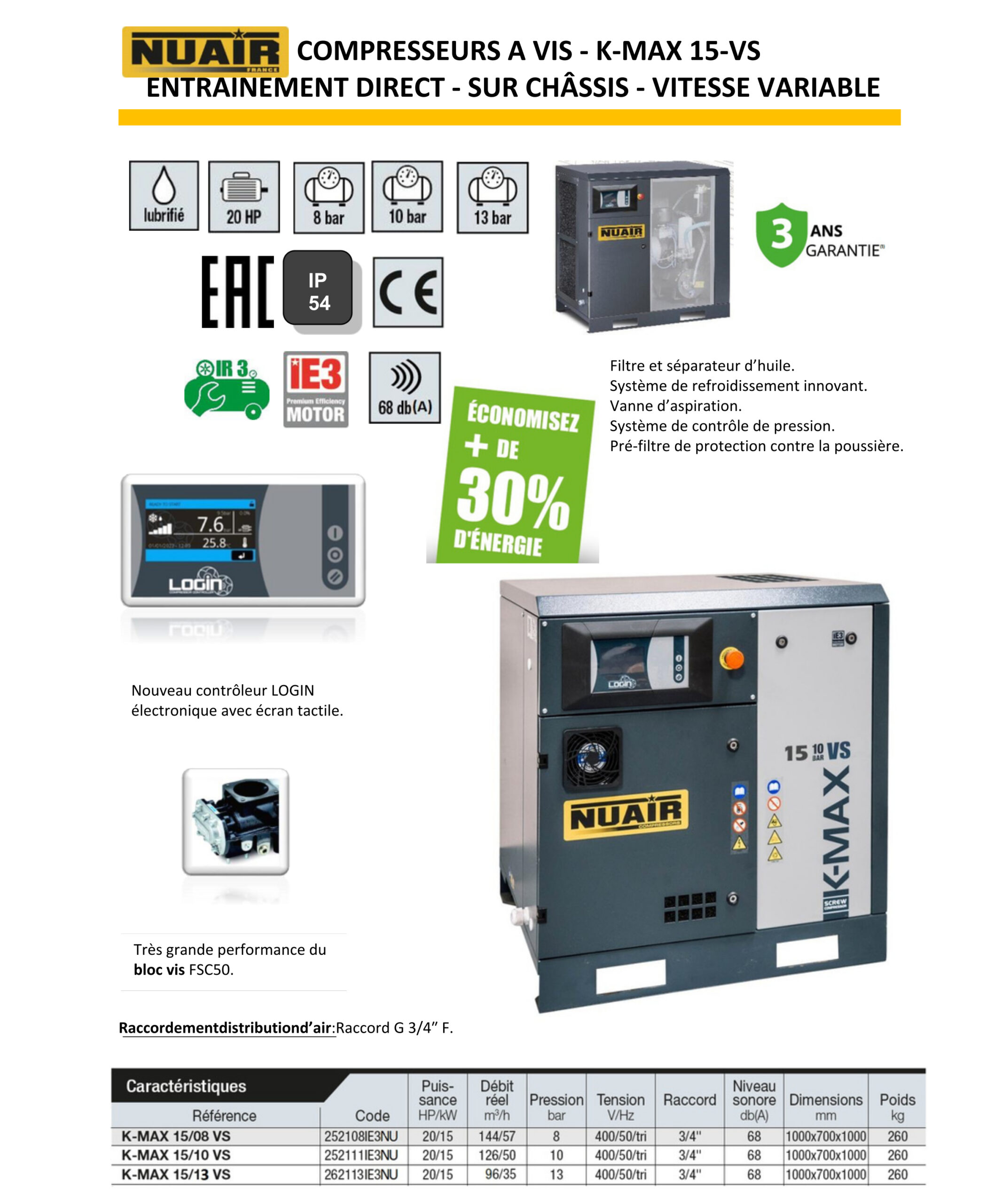 Compresseur à vis vitesse variable - 15 kW - 10bar + cuve 500L + sécheur - K-MAX 15/10/VS/500VG/ES – Image 8
