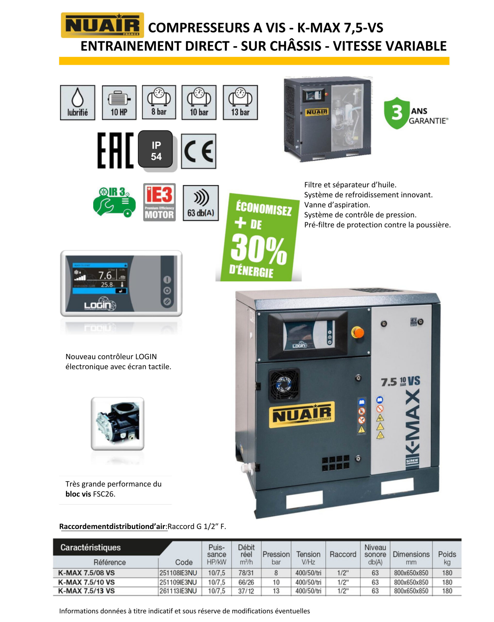 Compresseur à vis - vitesse variable - 7,5 kW- 10 bar + cuve 500L + sécheur - K-MAX 7.5/10/VS/500VG/ES – Image 9